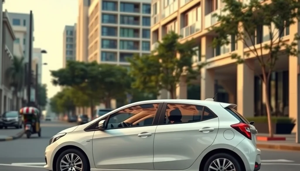 Mobil hatchback putih yang stylish terparkir di pinggir jalan kota modern.